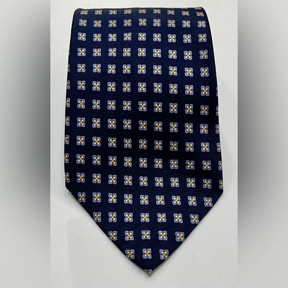 Lauren Ralph Lauren 100% Silk Tie, Made in USA Dark Blue Floral Geometric 3.55”